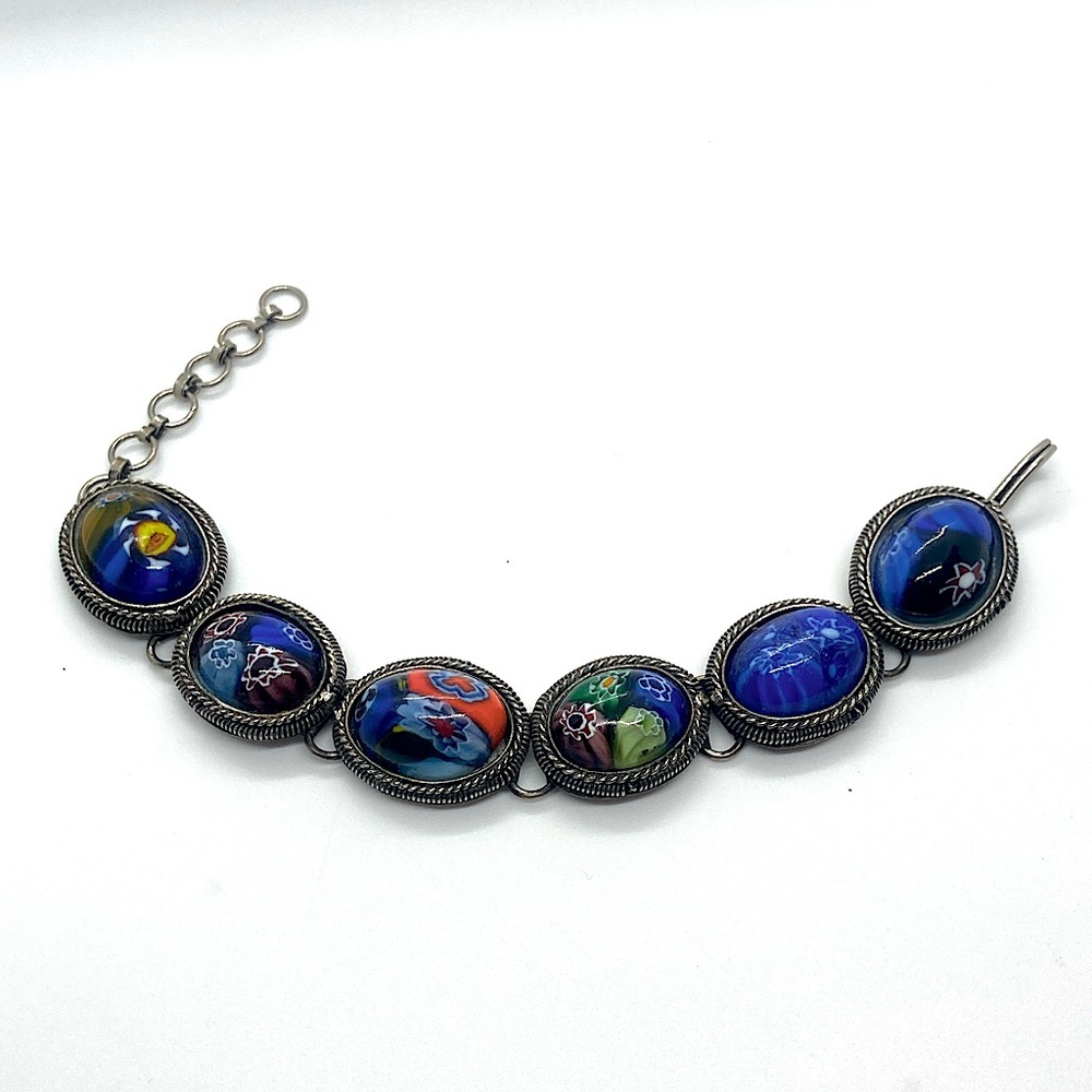 Vtg Millifiori Glass Cabochon Silver Tone Metal Link Bracelet | 6.5” - 8.2”’L